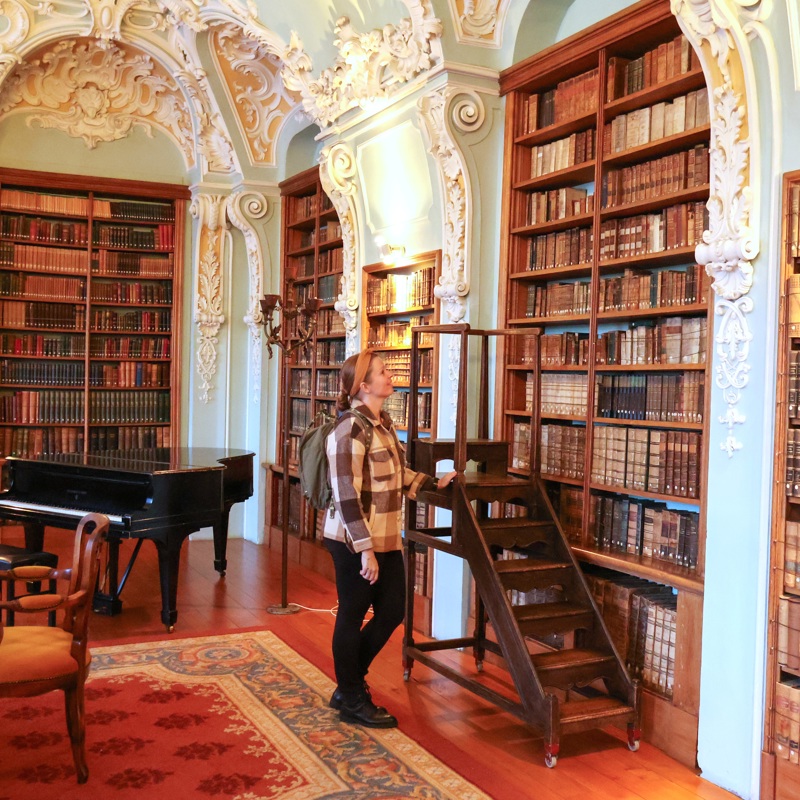 Dame staat aan laddertje in historische bibliotheek