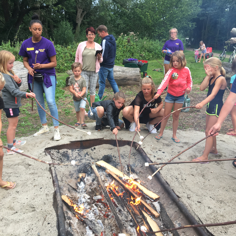 Kinderen met lange stokken en marshmallows bij het kampvuur.