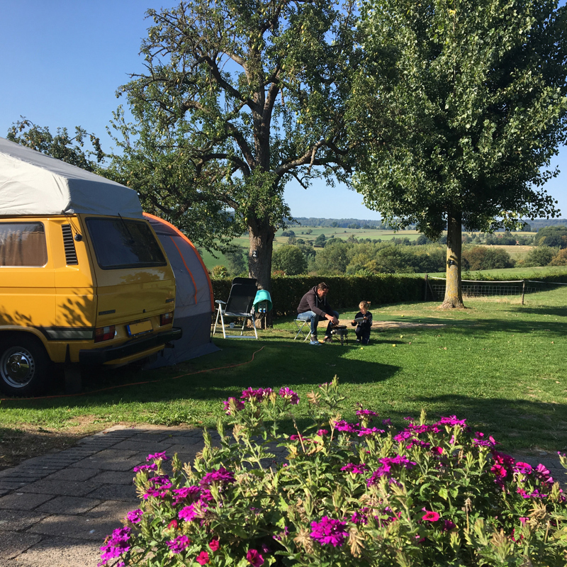 Geel camperbusje op een campingplaats middenin een groene rustige omgeving. 