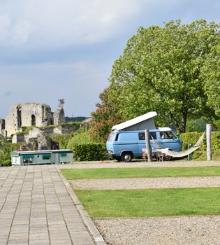 Camperplaats met een lichtblauw camperbusje. 