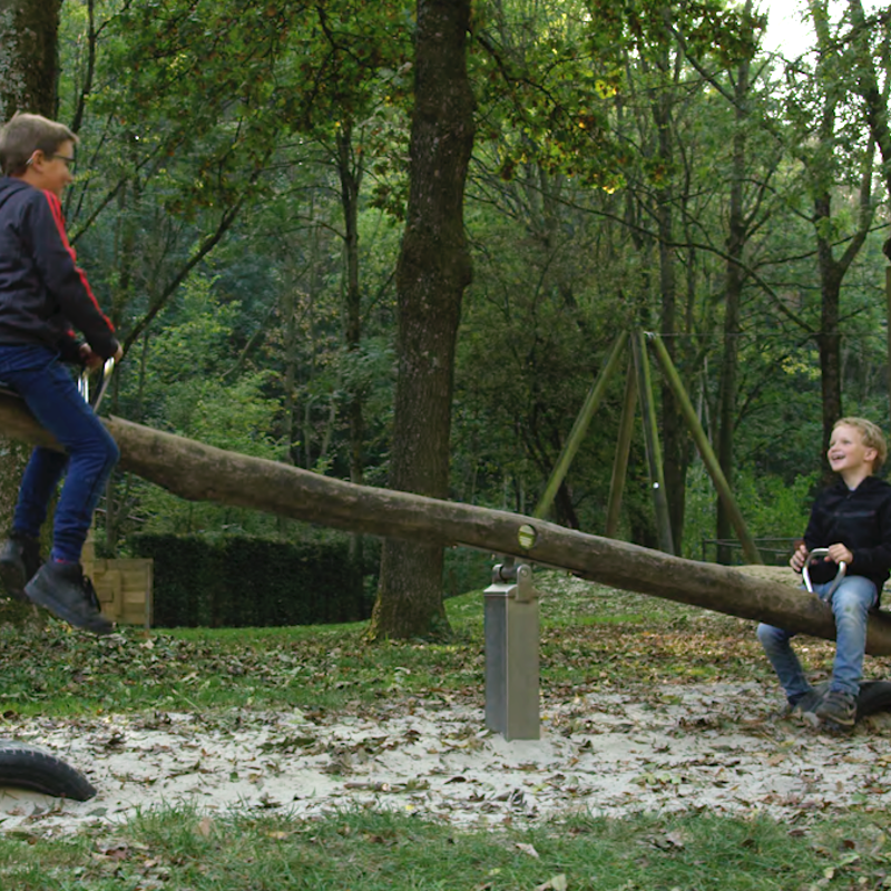 2 jongens op een houten wip in een speeltuin in bosrijk gebied