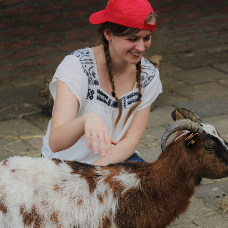 Jonge vrouw met rood petje aait bok