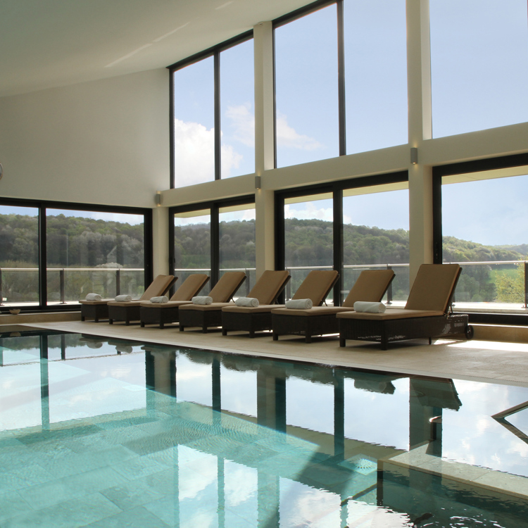 Ligbedjes aan de rand van een modern zwembad met grote ramen en uitzicht over de natuur. 