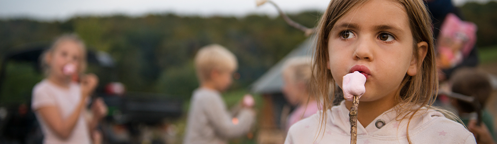 Meisje blaast op marshmallow op stokje, met daarachter andere kinderen en een vuurkorf. 