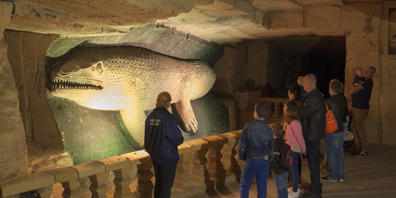 Rondleiding langs een sculptuur van de Mosasaurus in de Gemeentegrot Valkenburg