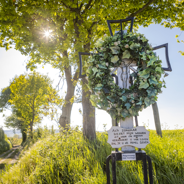 Wegkruis met krans van klimop naast veldweg en bomen