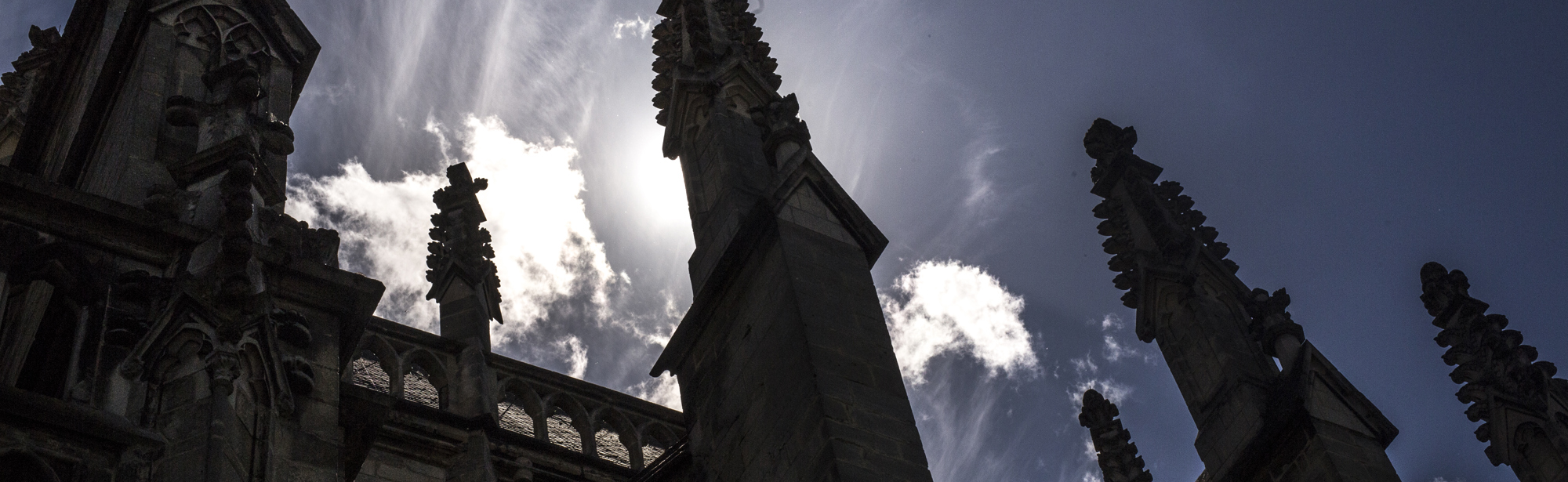 Het dak van Basiliek Meerssen tegen de zon in gefotografeerd