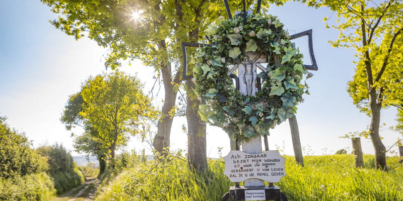 Jacobspad in zonnige omgeving met wegkruis