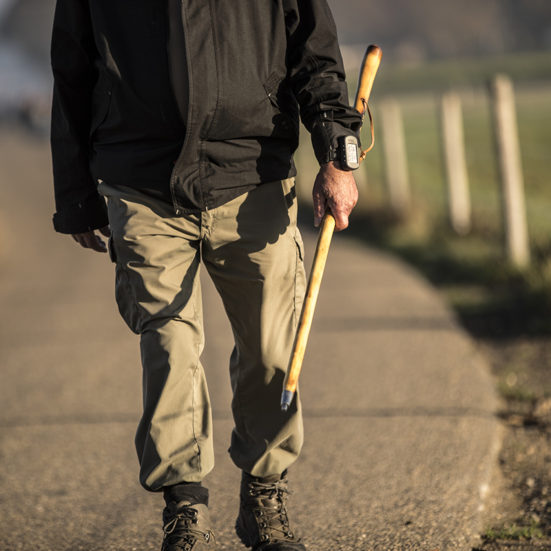 Wandelaar met wandelstok op verhard voetpad in landelijk gebied