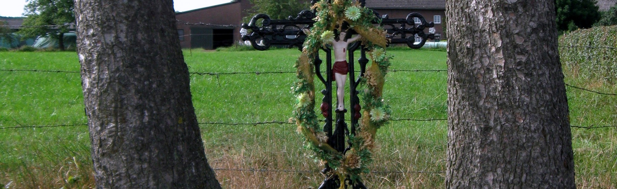 Wegkruis met trapje tussen twee bomen met achterliggend weiland en boerderij