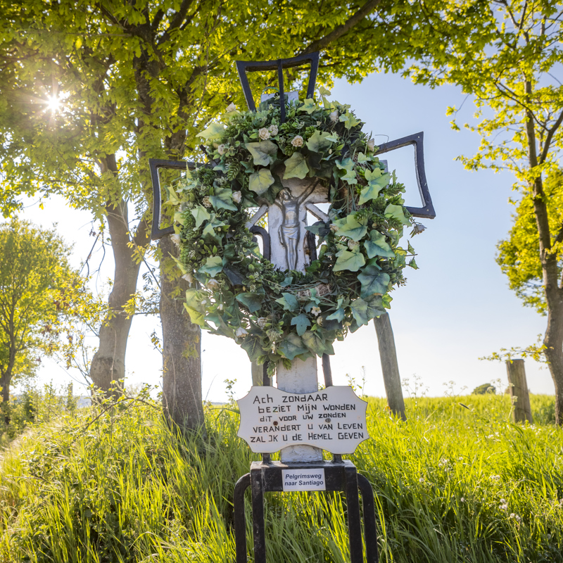 Wegkruis op Jacobspad in groen landschap met zon