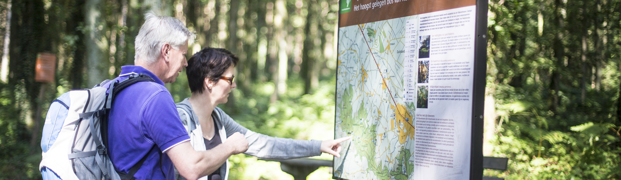 Twee wandelaars kijken op een infobord voor wandelroutes in het Vijlenerbos