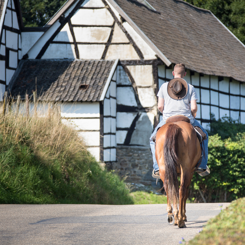 Een ruiter met cowboyhoed op zijn rug rijdt langs een vakwerkhuis