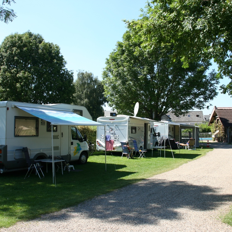 Campers met luifel op gras onder bomen