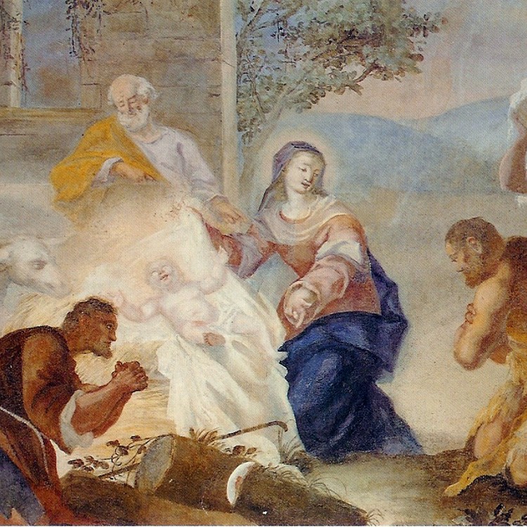 Fresco van kind op wit doek met daar omheen biddende mensen