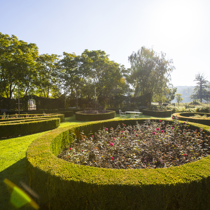 Kasteeltuin bij Sint Gerlach, meerdere ronde heggen met in het midden rozen