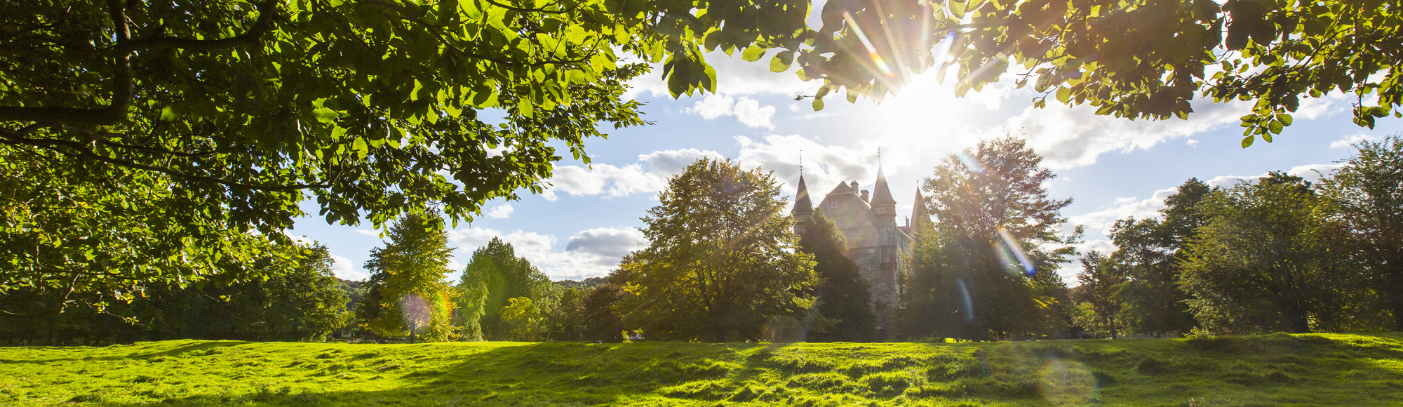 Uitzicht Op Kasteel Schaloen in het groen met een laagstaande zon