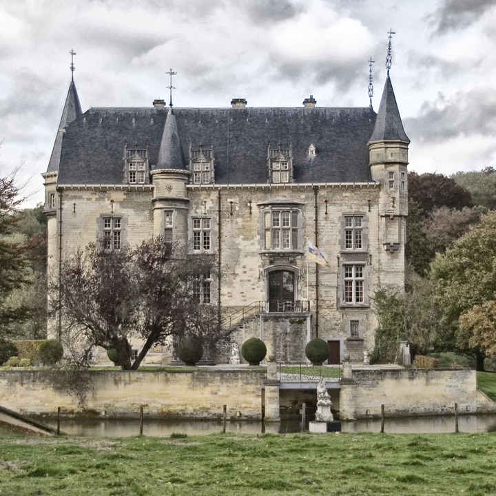 Zicht op Kasteel Schaloen in een grauw grijze omgeving.