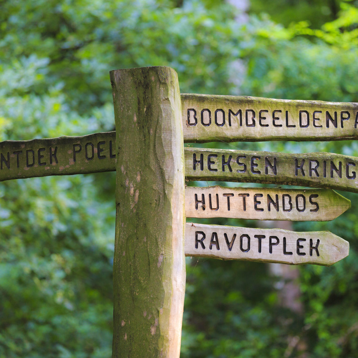 Een houten routebord voor kinderen in een bos