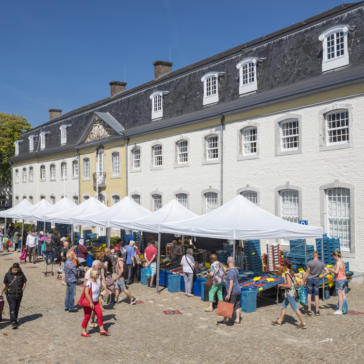 Fruit en groente kraam op de markt in Vaals bij het Gemeentehuis met bezoekers