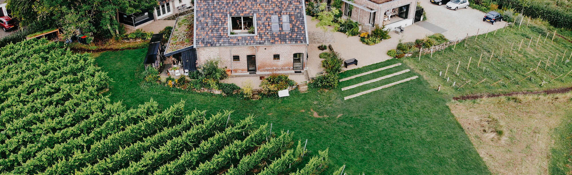 De accommodatie en wijngaarden van Domein Holset vanuit de lucht