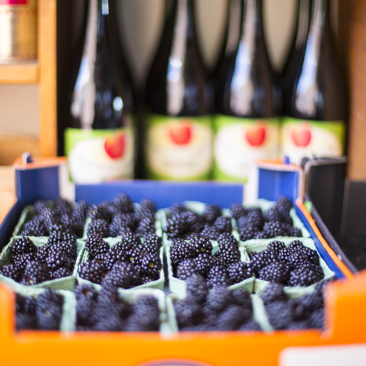 Doosjes Met Geplukte Bramen En Andere Streekproducten Bij Fruitboerderij In Bemelen