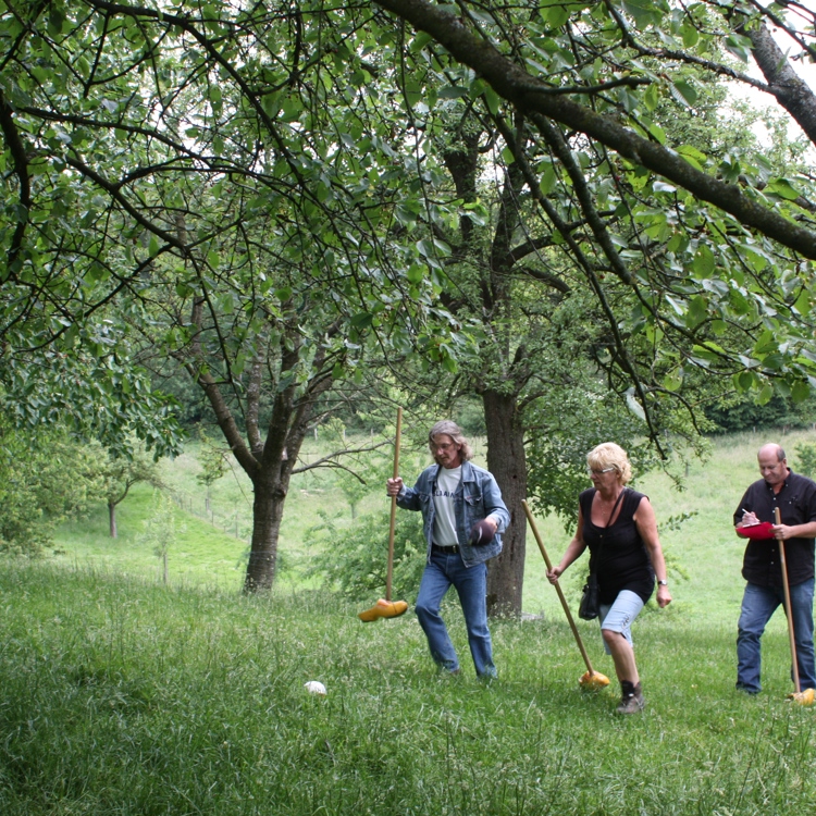 3 mensen spelen boerengolf tussen de bomen