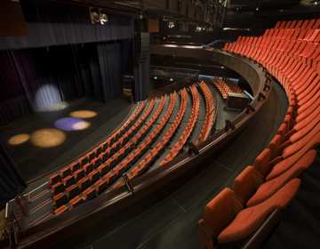 Een leeg theater met rijen rode pluche stoelen 