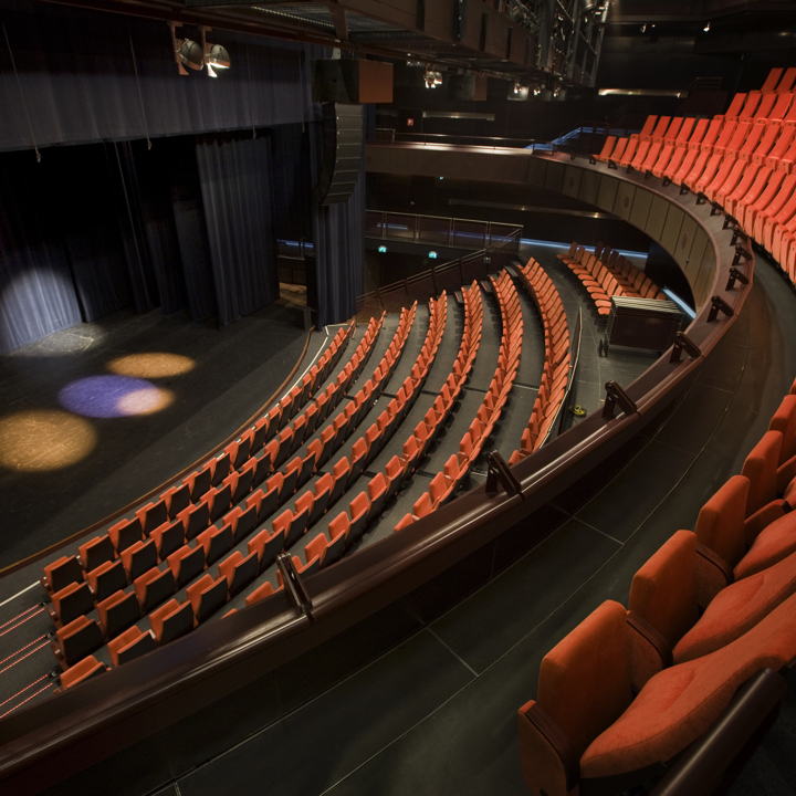 Een leeg theater met rijen rode pluche stoelen 