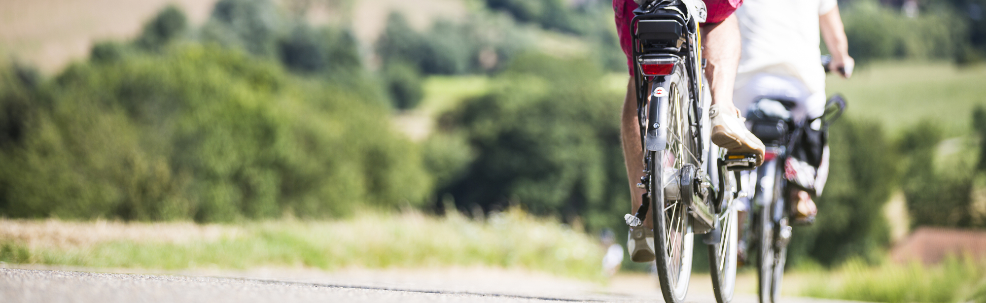 Twee fietsers met elektrische batterij achterop dalen een berg af