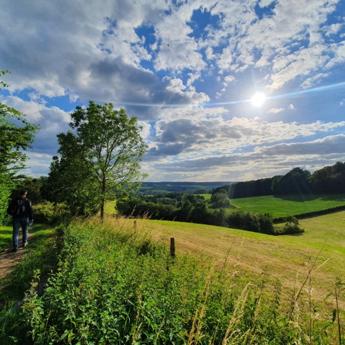 Man op wandelpad met een prachtig uitzicht over het landschap in Vijlen