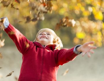 Kind dat speelt met herfstbladeren op de Brunssummerheide