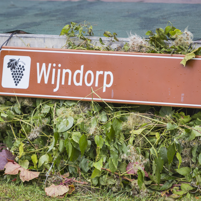 Een bruin plaatsnaambordje van wijndorp Wahlwiller bevestigd aan een struik