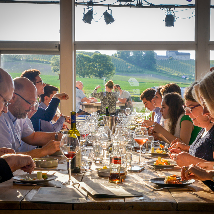 Een grote groep mensen geniet van lekker eten en wijn aan een lange tafel