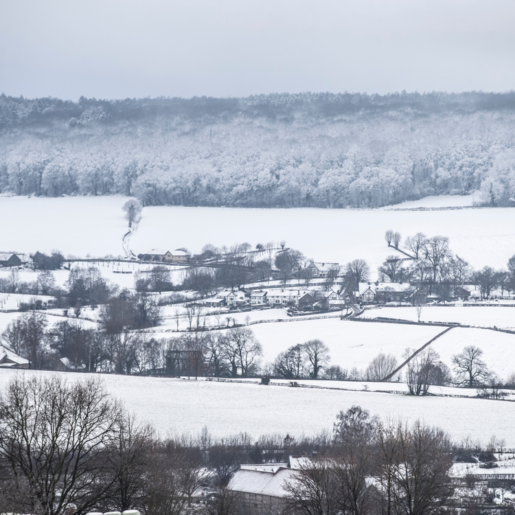 Uitzicht over het besneeuwde landschap in het Heuvelland