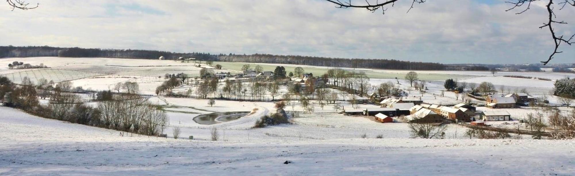 Een winters panorama over een paar huizen en uitgestrekte velden