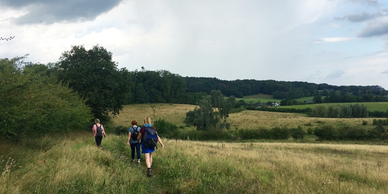 Drie vrouwen met rugzak staan aan de voet van een bergbeklimming bij het Vijlenerbos