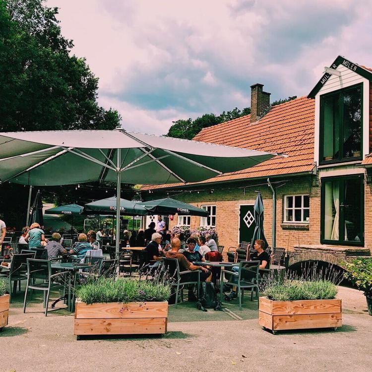 Mensen op terras onder parasol bij Muldermolen