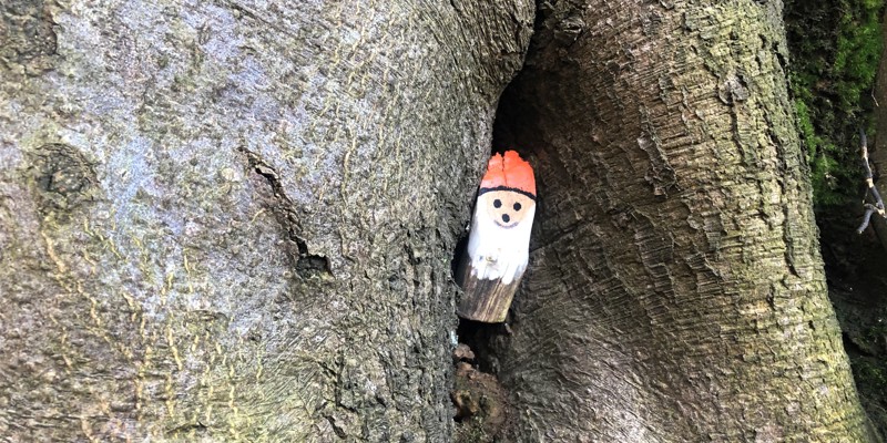 Een houten kaboutertje verstopt in de nis van een boom