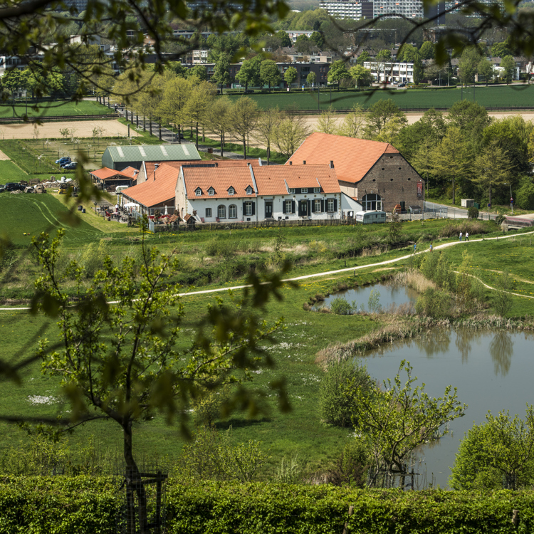 Een doorkijkje met uitzicht op een boerderij, natuur en Sweikhuizen