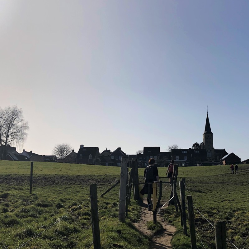 Mensen wandelen door een stegelke in een weiland met op de achtergrond een kerk