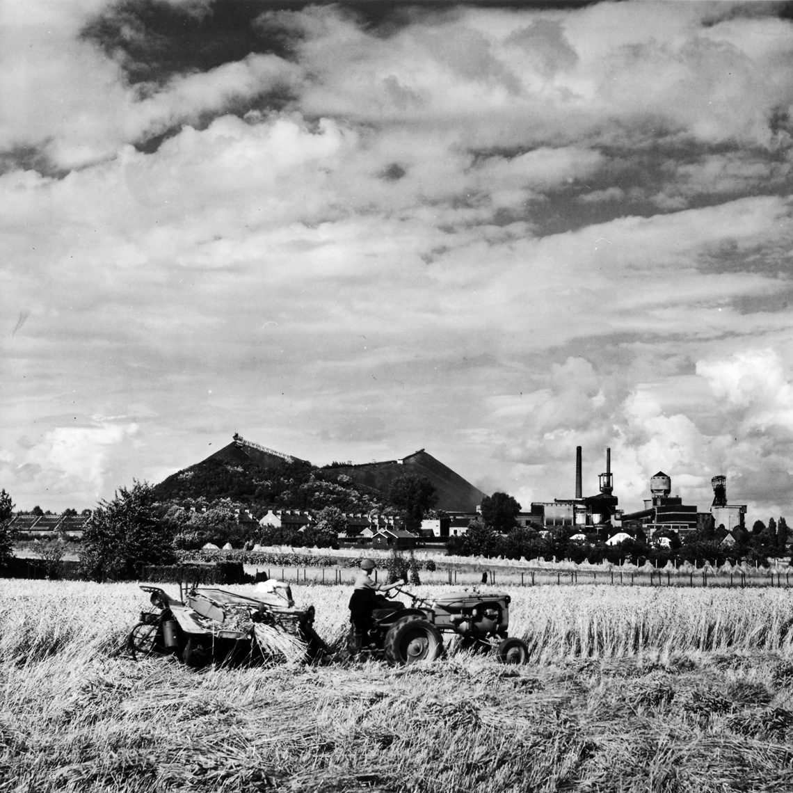 Een oude zwart-wit foto met zicht op de Wilhelmina mijn en berg, voorgrond een tractor.