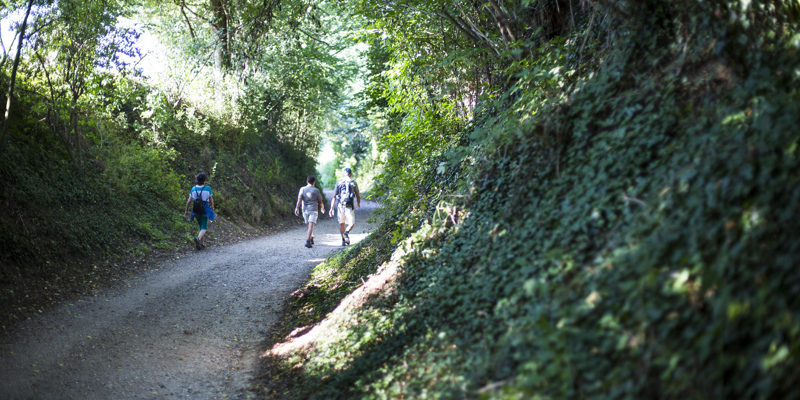 Een holle weg met drie wandelaars 