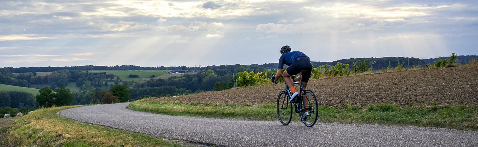 Een wielrenner rolt een weg af met prachtig uitzicht over de heuvels