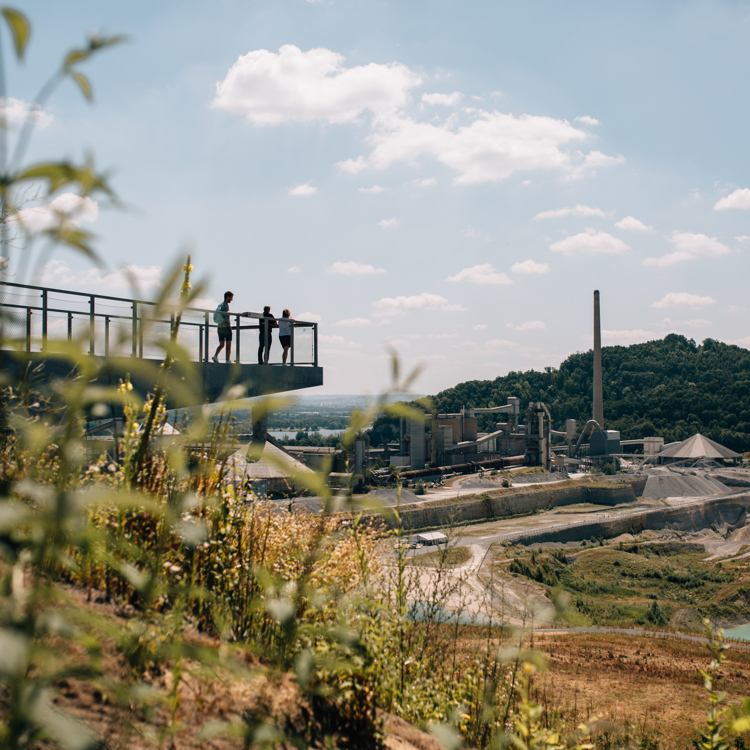 Hoog gras met daarachter een uitkijkplatform waar mensen uitkijken over de encigroeve