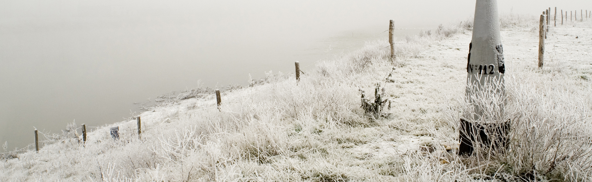 Grenssteen bij de Maas in de winter