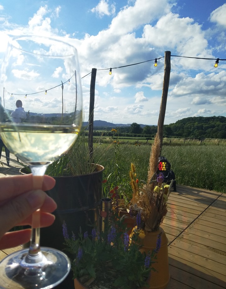 close-up van een glas witte wijn op een sfeervol terras met de natuur op de achtergrond