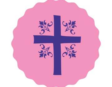 Een roze icoontje van een kruis als representatie van de kasteelruiïne en kloosterkerkhof