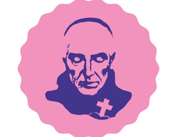 Een roze icoontje met een pater als representatie van de Pater Karel Kapel