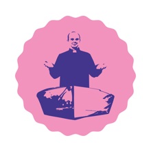 Een roze en paarse icoontje van een pastoor in een bootje als representatie van de Schipperskerk
